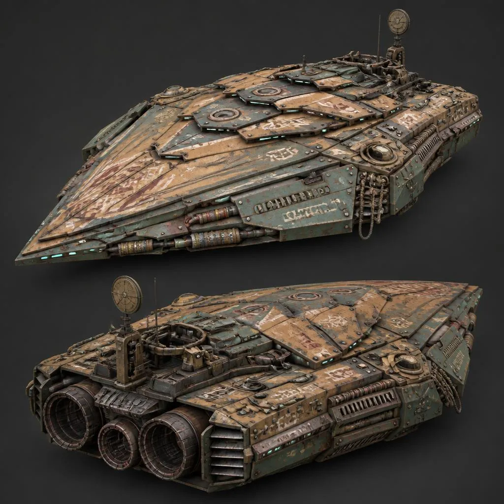 Concept sheet showing two variations of a heavily plated Nomad hull.