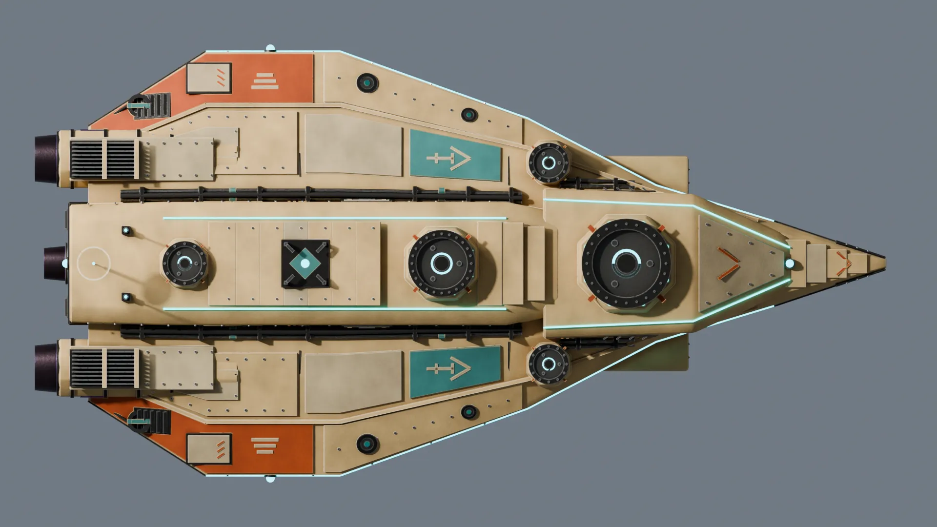Top-down render of the Sandstrike hull showing its orange and sand paint scheme.