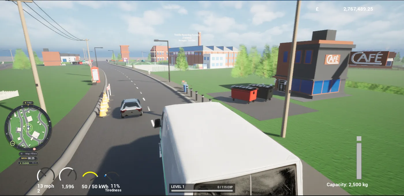 A white van driving past traffic cones and a roadside café.