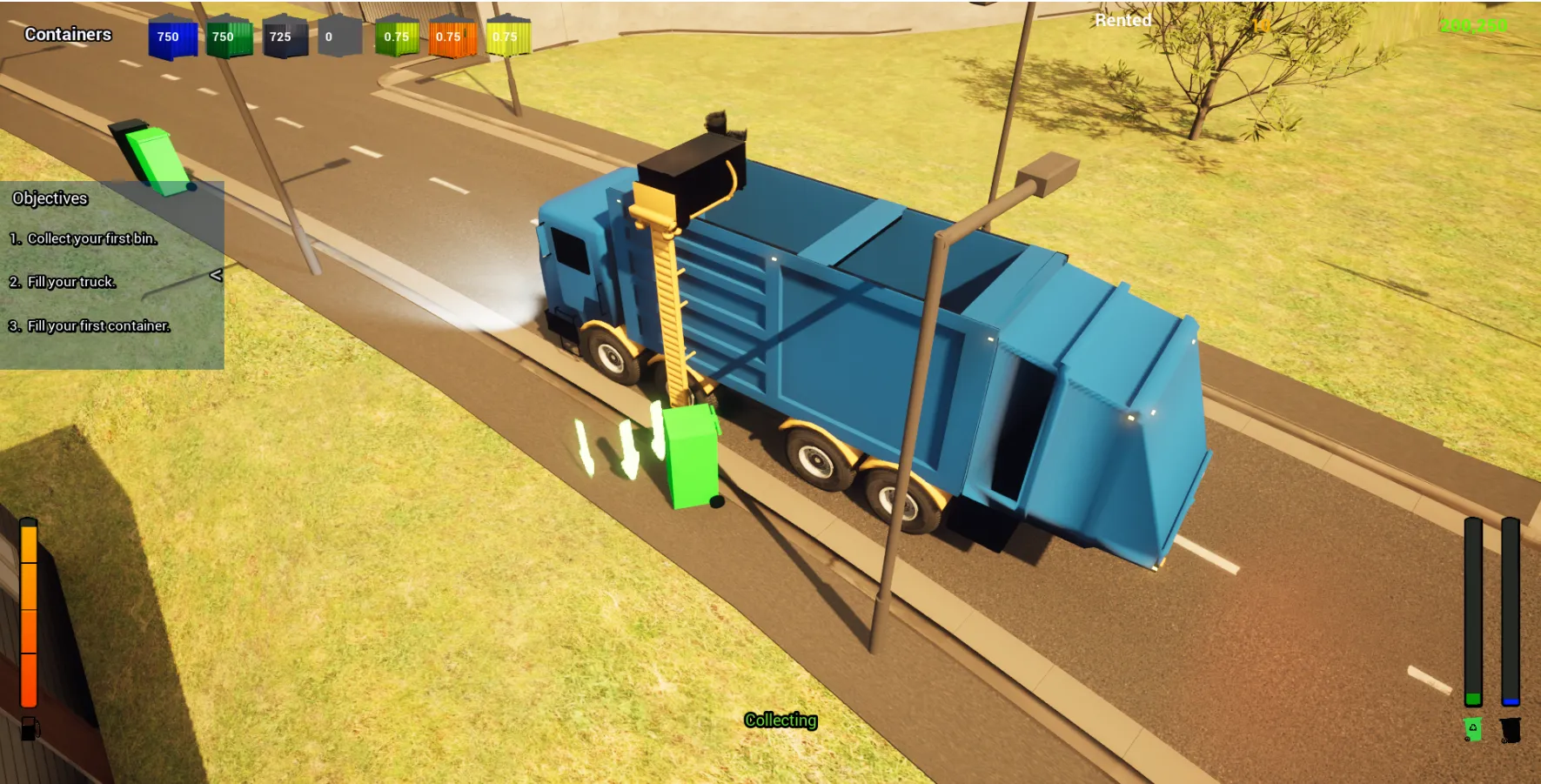 A blue garbage truck collecting bins at the roadside in a sunny suburb.