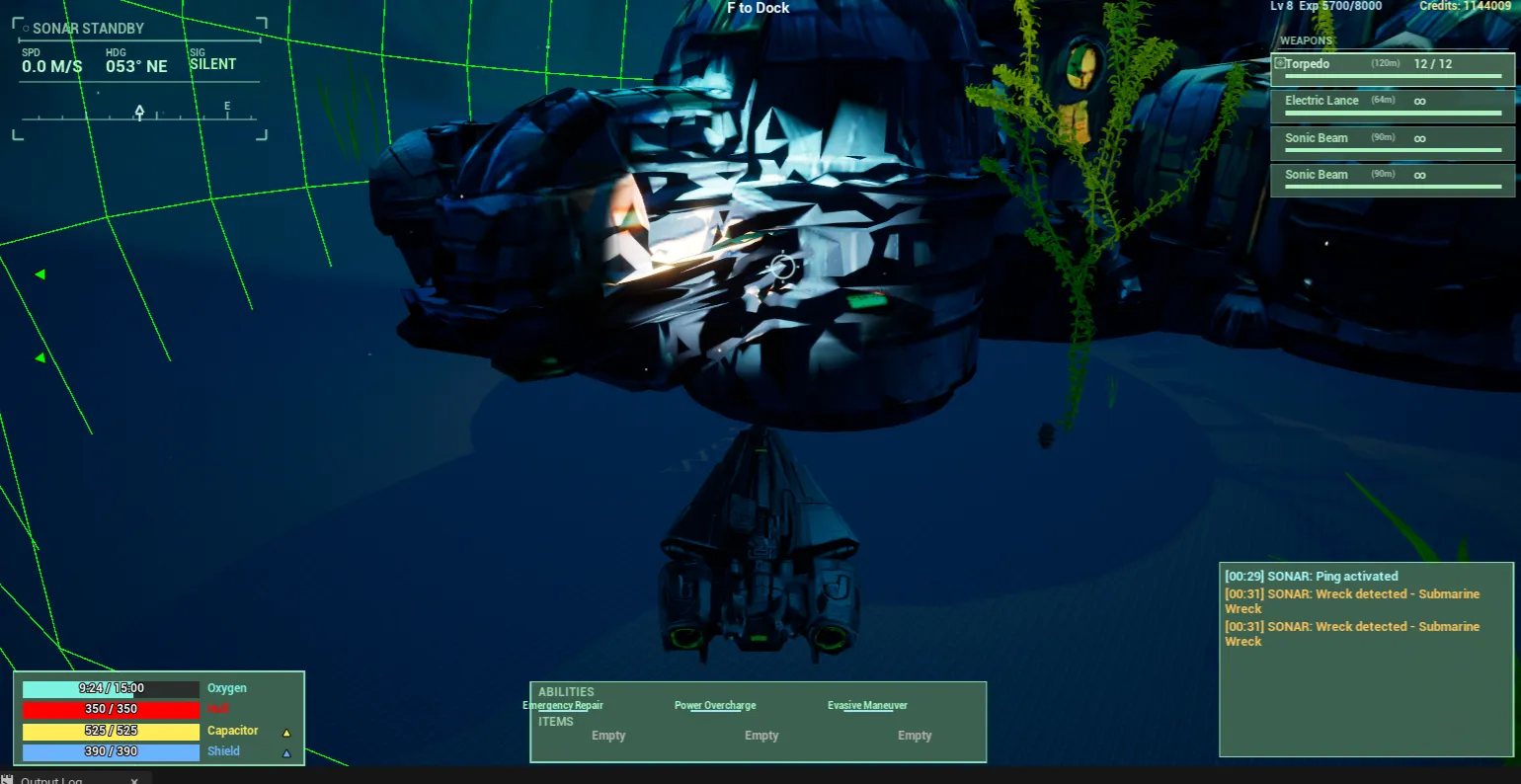 The player's submarine approaching an underwater docking station surrounded by sonar grid lines.