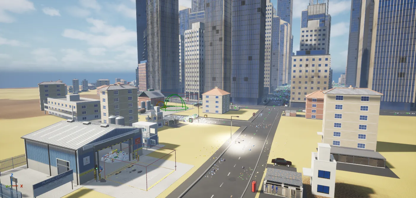 Downtown skyscrapers rising behind a sandy industrial yard.