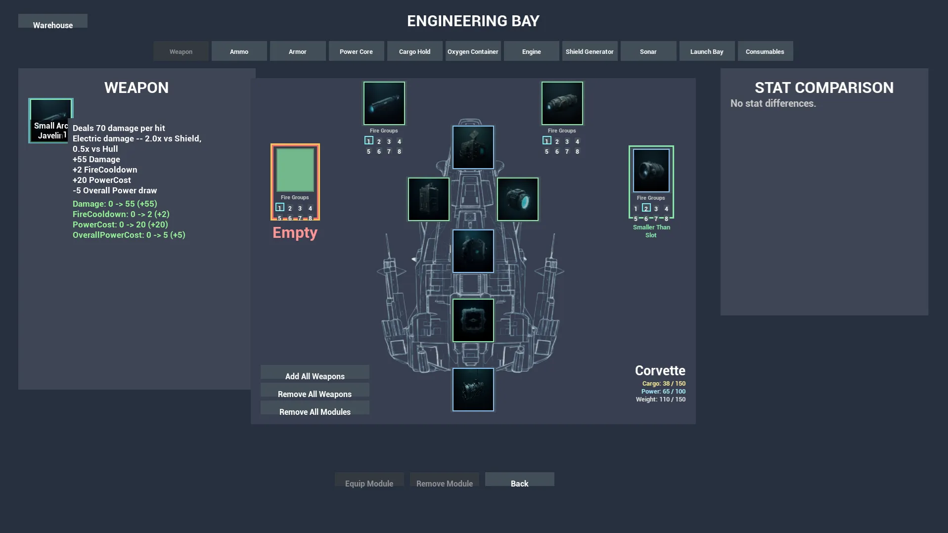 The Engineering Bay screen showing a destroyer's module slots, inventory and stat comparison.