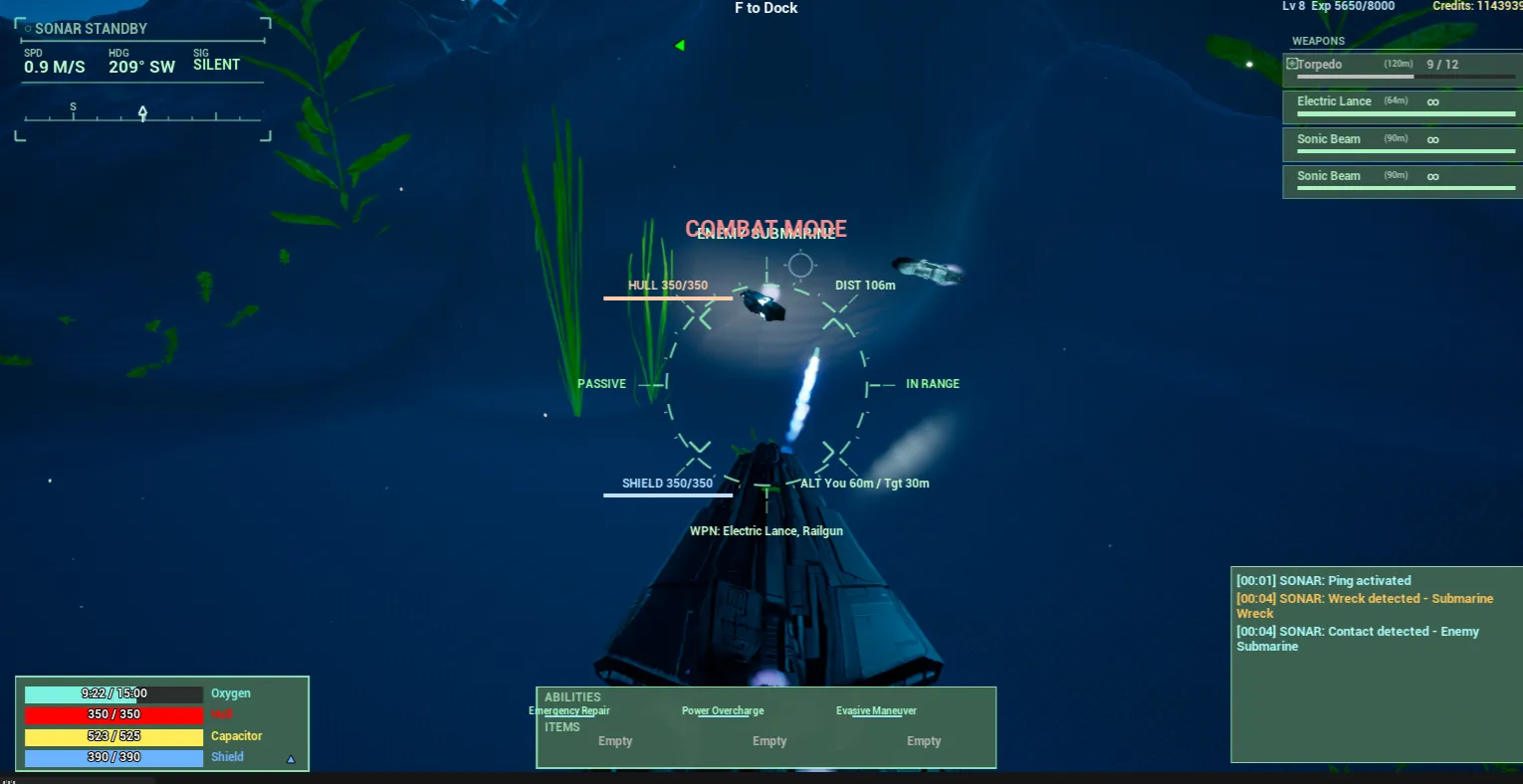 A torpedo launch lights up the water around the player's submarine.