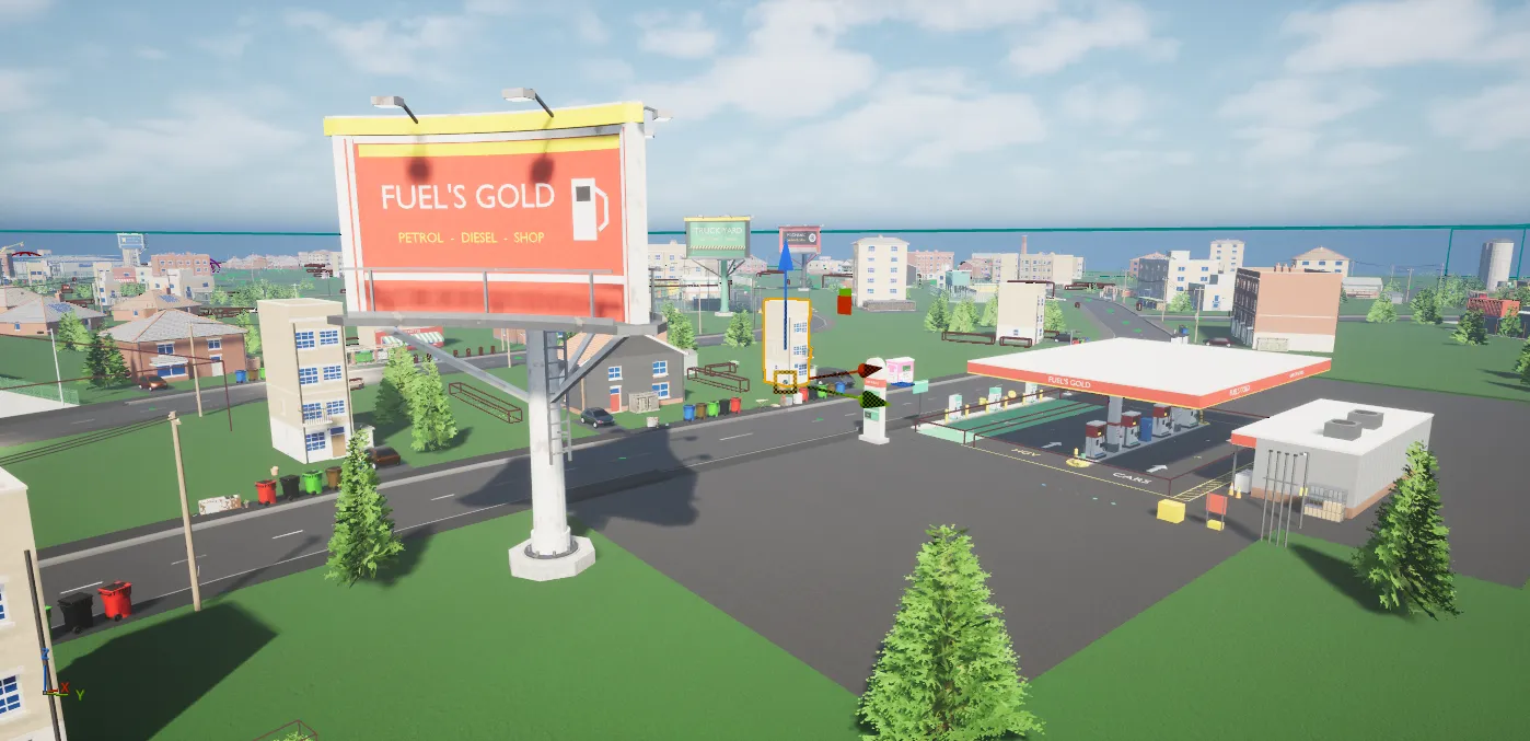 A sunny town seen from above, with the Fuel's Gold petrol station billboard towering over the streets.