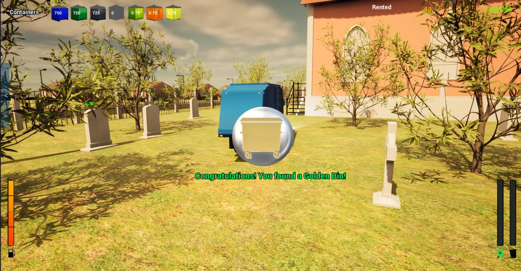 A gleaming golden bin found beside a graveyard, with a congratulations message.