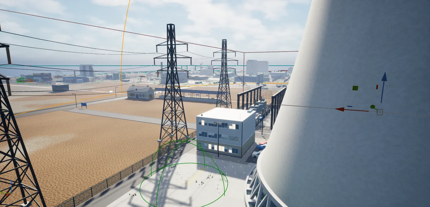 A wide view over the Industrial Sector with warehouses, pylons and a road grid.
