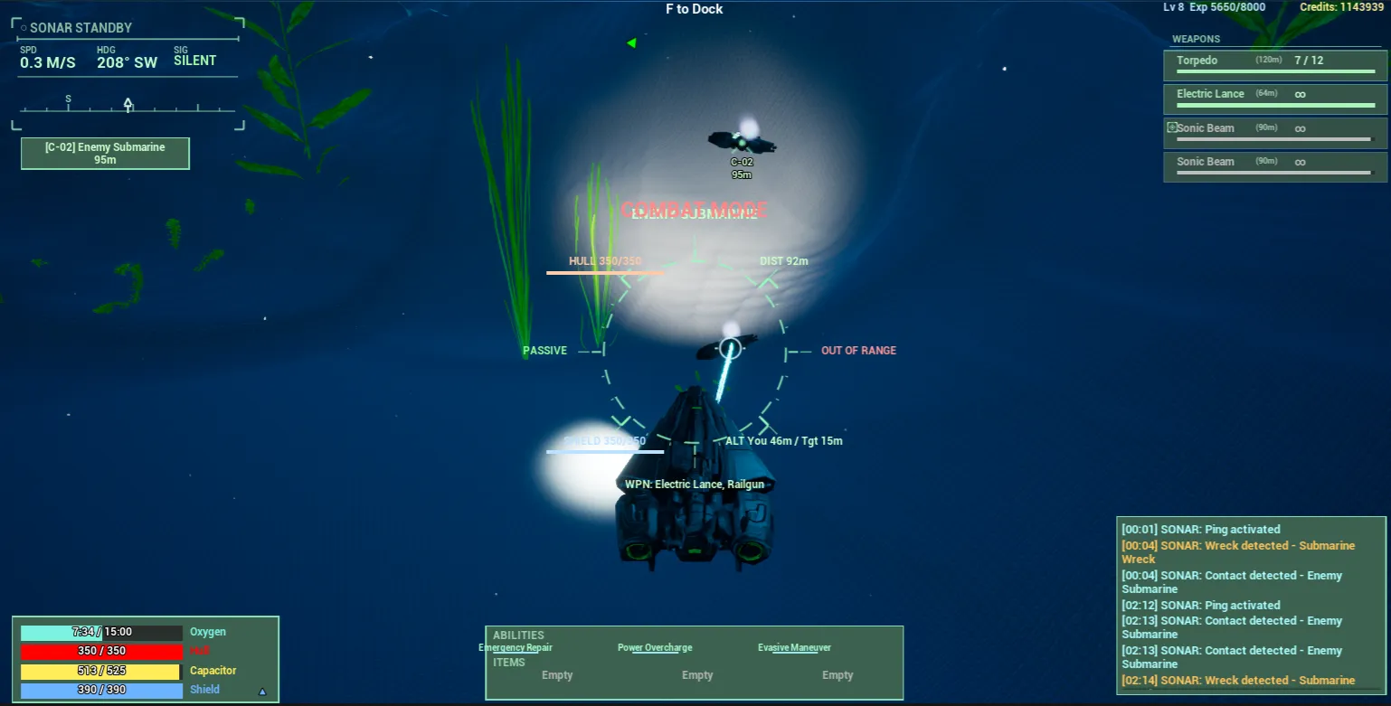 A submarine fires a sonic weapon in dark blue water with the HUD showing sonar, weapons and hull status.