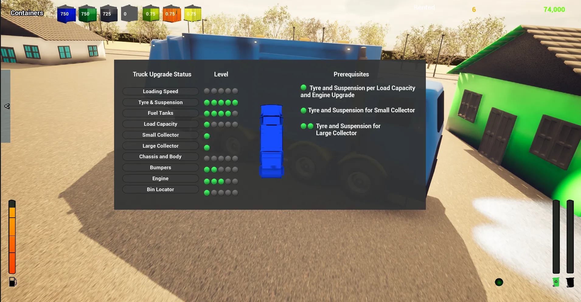 The truck upgrade status screen beside a blue garbage truck.